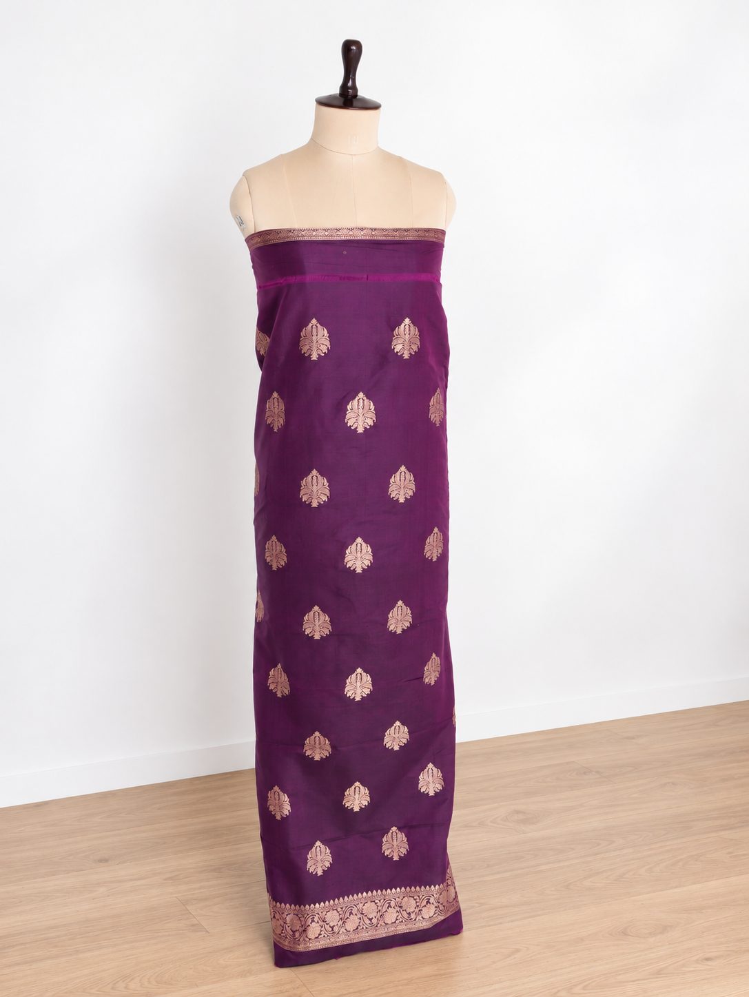 Rich plum purple with gold-toned zari detailing and subtle magenta edging Katan Silk Banarasi suit neckline detail