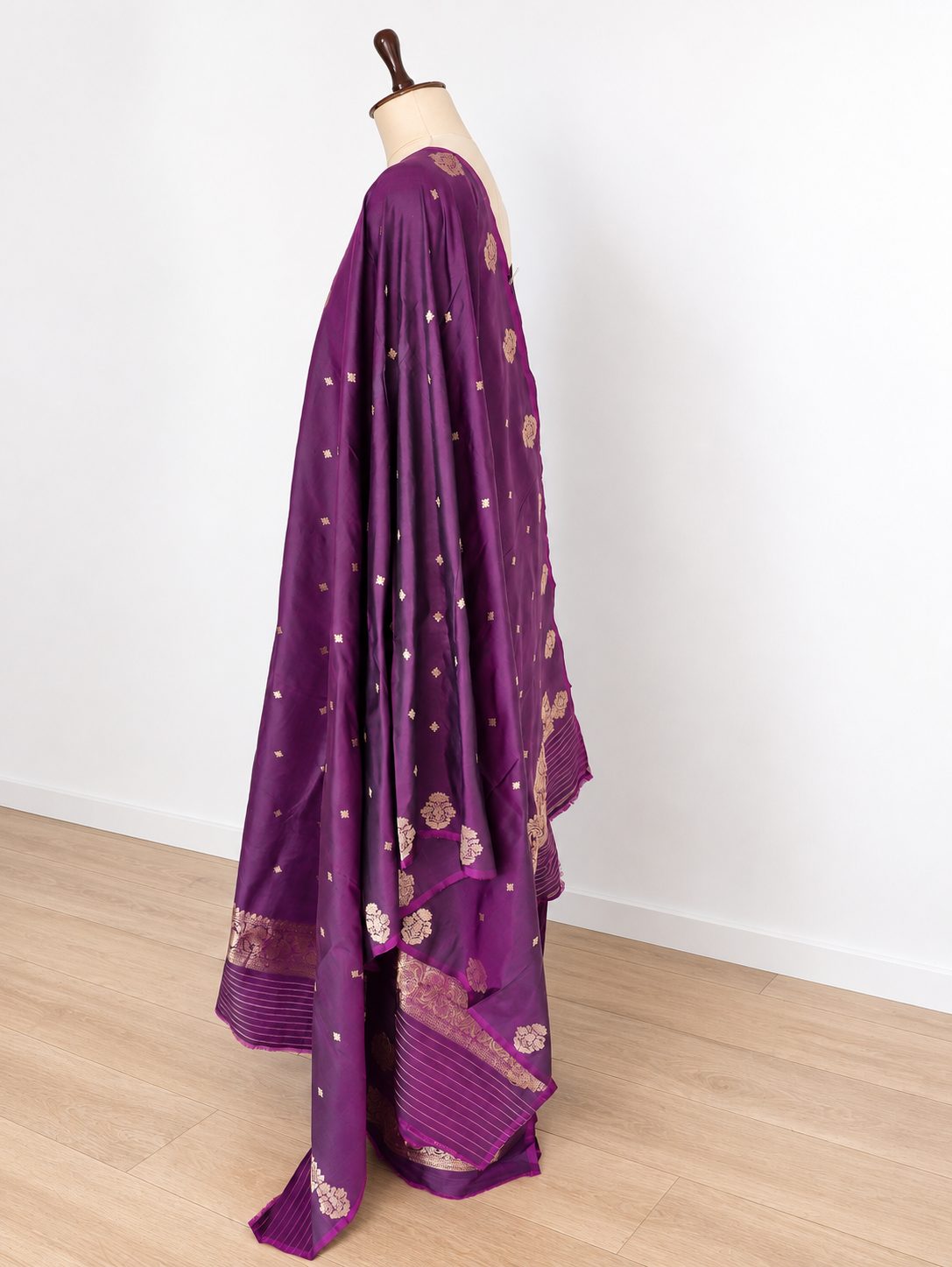 Rich plum purple with gold-toned zari detailing and subtle magenta edging Katan Silk Banarasi suit sleeve detail