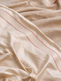 Soft ivory with a subtle champagne sheen and delicate red accents Mashru Kinkhab Banarasi saree front drape view