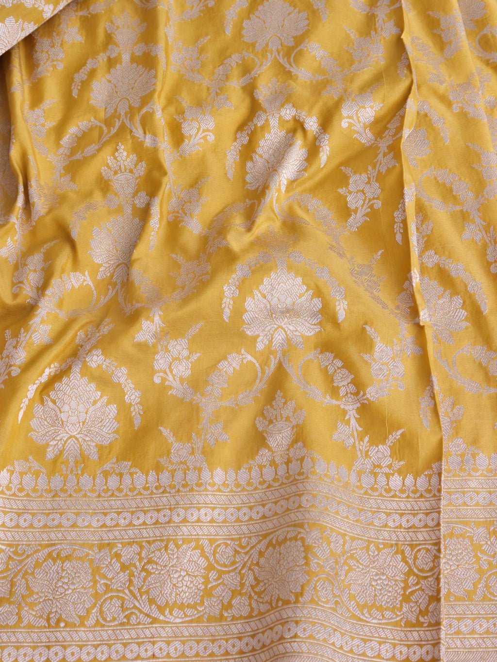 Rich haldi yellow with silver-toned woven detailing Katan Silk Banarasi saree blouse piece