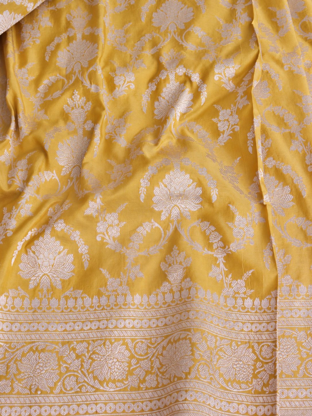 Rich haldi yellow with silver-toned woven detailing Katan Silk Banarasi saree blouse piece