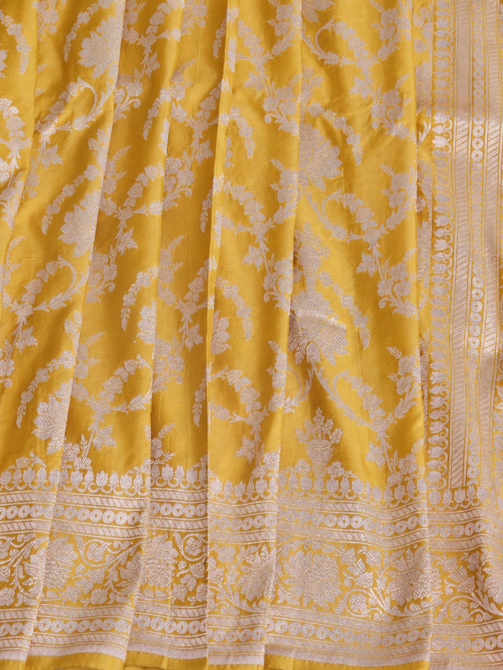 Rich haldi yellow with silver-toned woven detailing Katan Silk Banarasi saree full spread