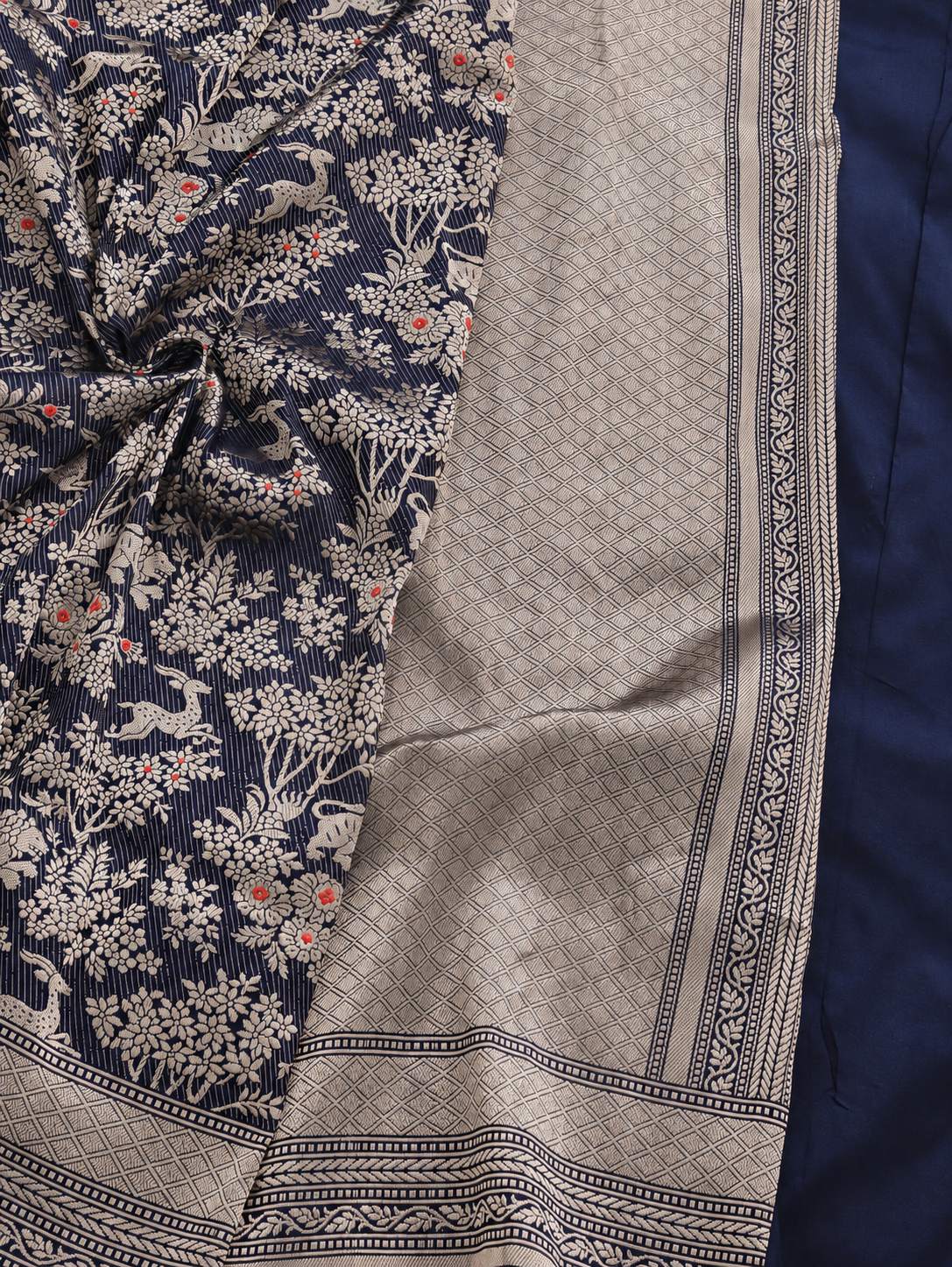 Royal Purpal Katan Silk Banarasi saree front drape view