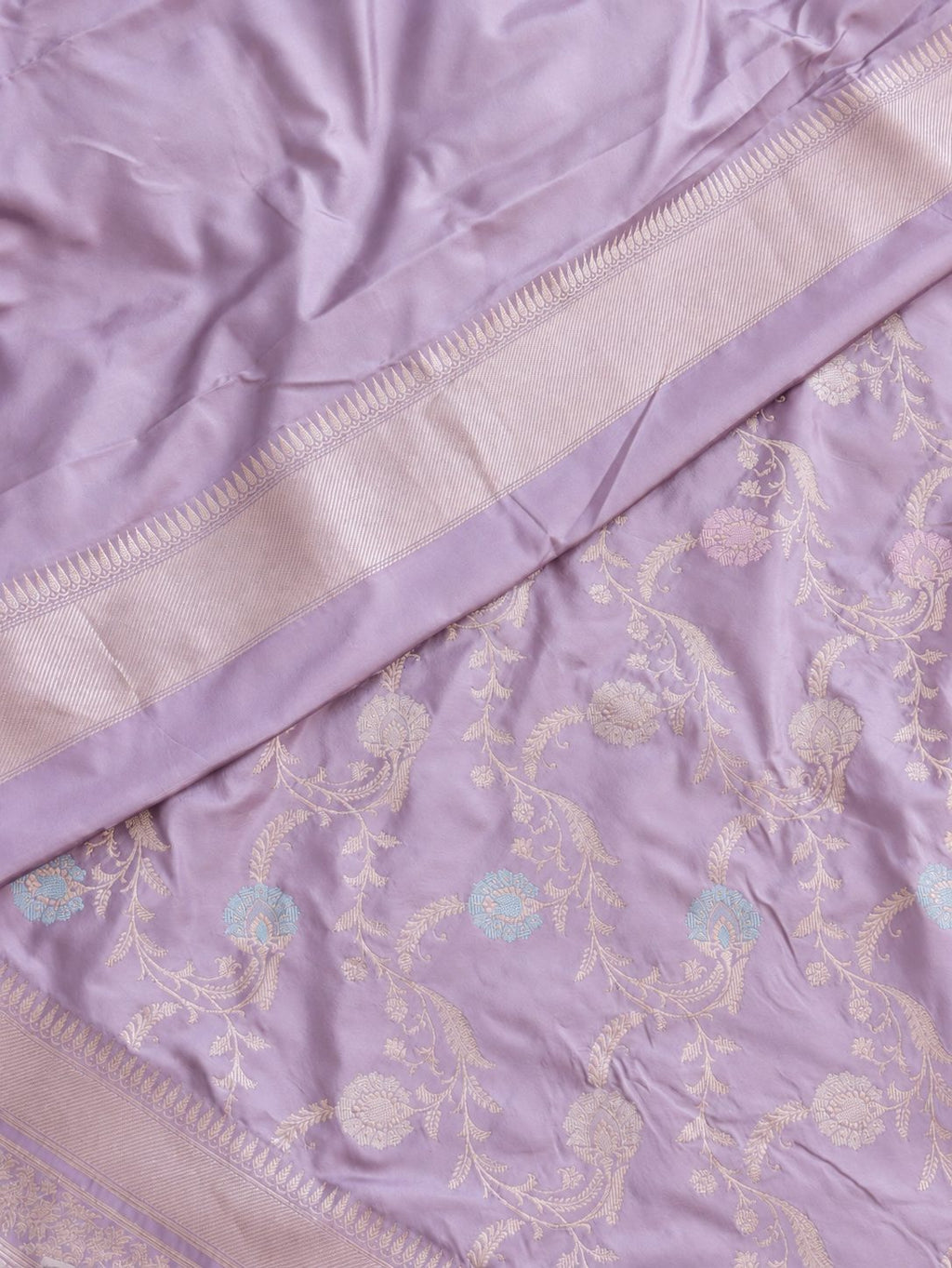 Soft lavender with pale gold zari and pastel pink, blue and mint-green floral accents Katan Silk Banarasi saree blouse piece