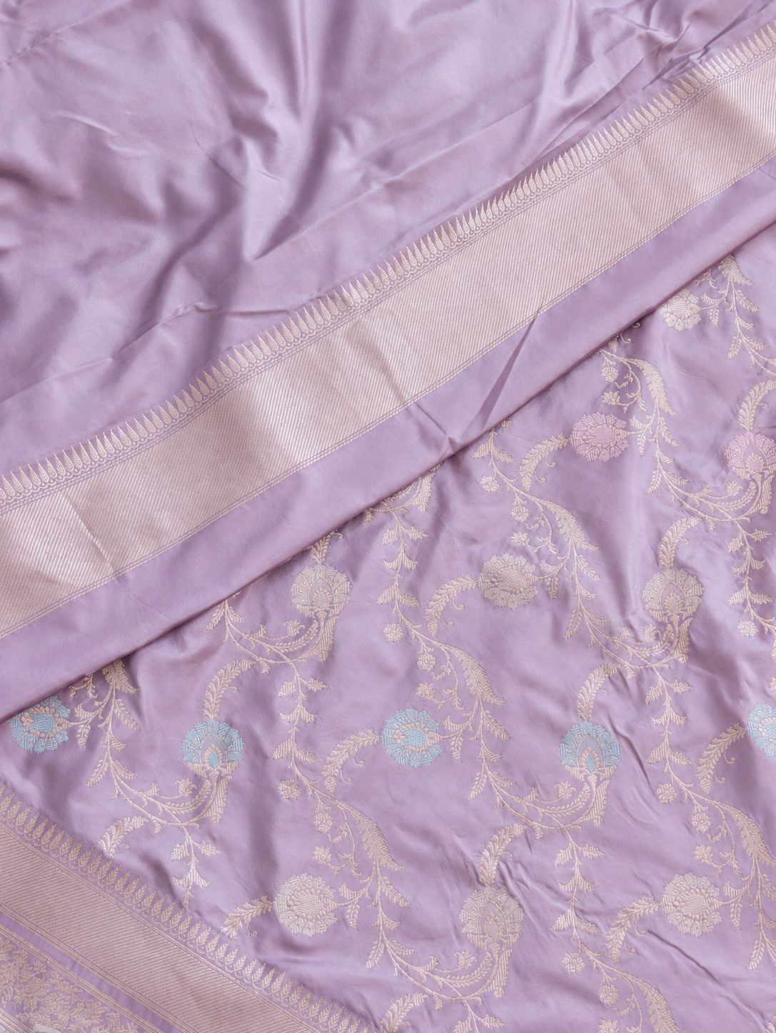Soft lavender with pale gold zari and pastel pink, blue and mint-green floral accents Katan Silk Banarasi saree blouse piece