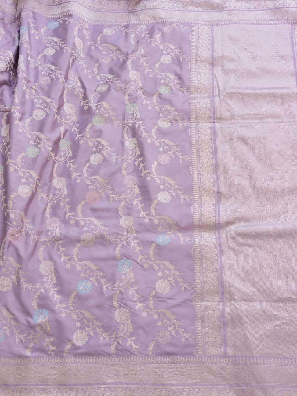 Soft lavender with pale gold zari and pastel pink, blue and mint-green floral accents Katan Silk Banarasi saree full spread