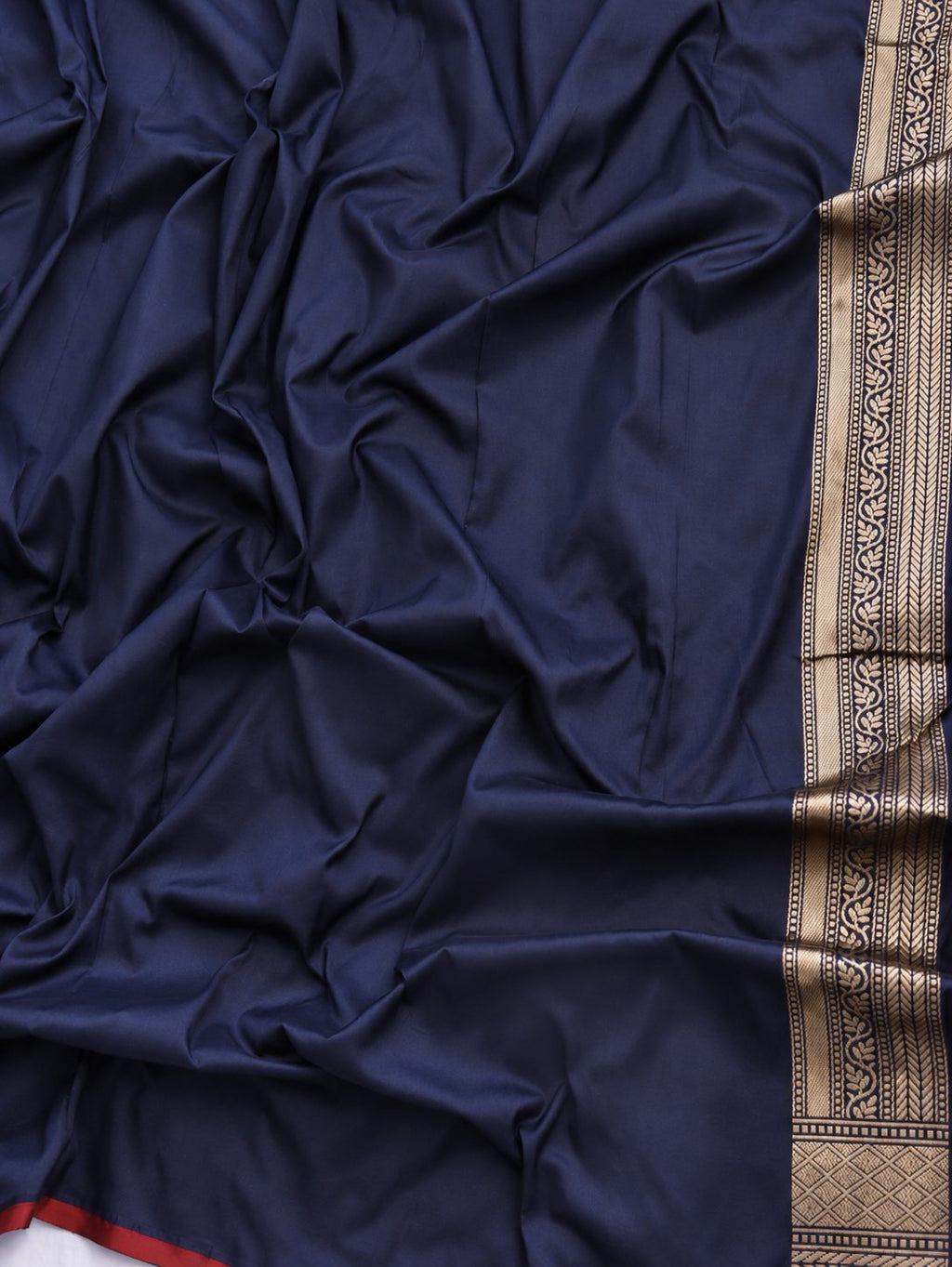 Deep navy blue with champagne gold zari and small red floral accents Katan Silk Banarasi saree blouse piece