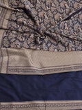 Deep navy blue with champagne gold zari and small red floral accents Katan Silk Banarasi saree front drape view