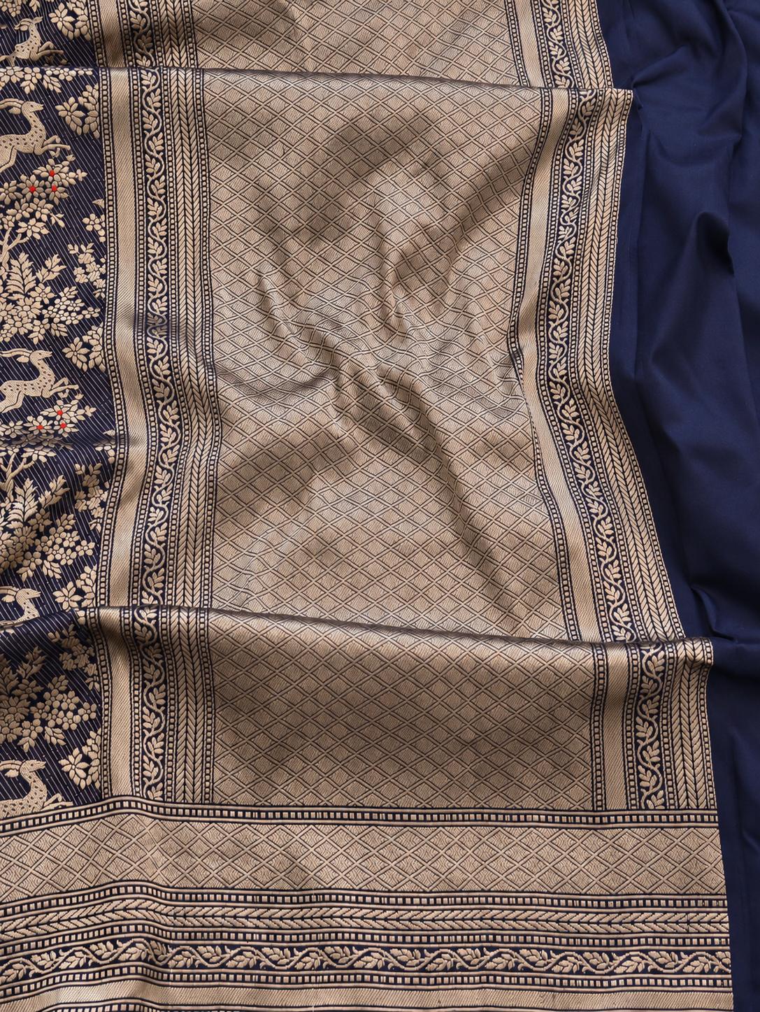 Deep navy blue with champagne gold zari and small red floral accents Katan Silk Banarasi saree full spread