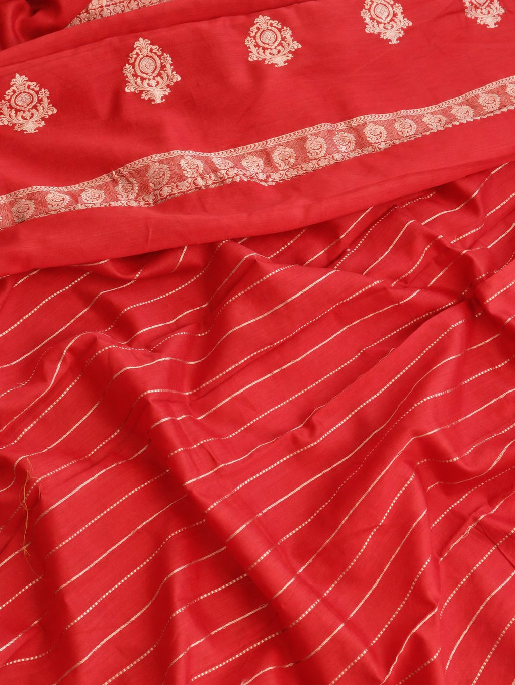 Vibrant vermilion red with delicate champagne-gold zari detailing Linen Cotton Banarasi saree pallu detail