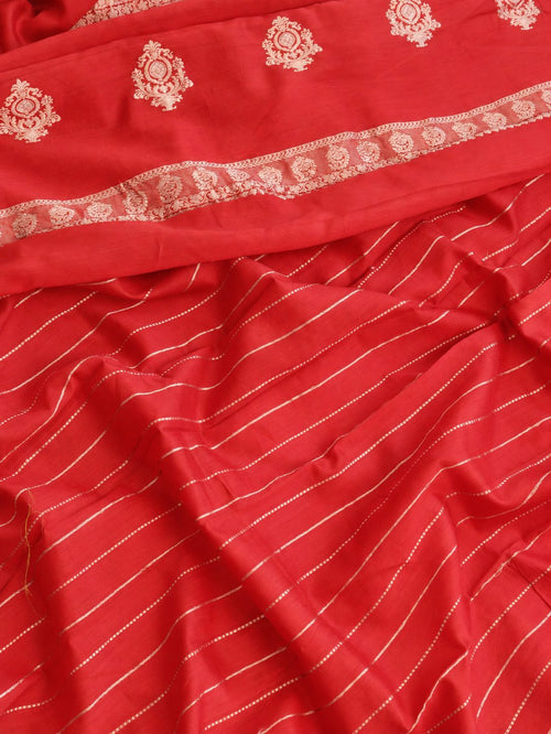 Vibrant vermilion red with delicate champagne-gold zari detailing Linen Cotton Banarasi saree pallu detail