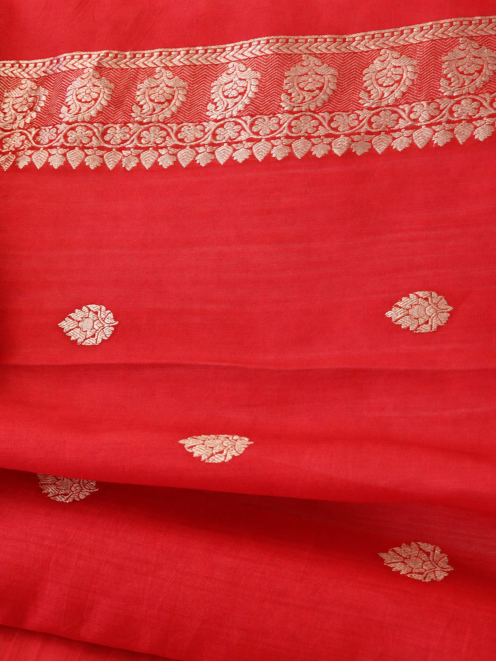 Vibrant vermilion red with delicate champagne-gold zari detailing Linen Cotton Banarasi saree blouse piece