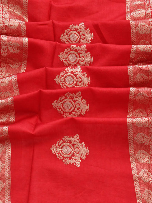 Vibrant vermilion red with delicate champagne-gold zari detailing Linen Cotton Banarasi saree front drape view