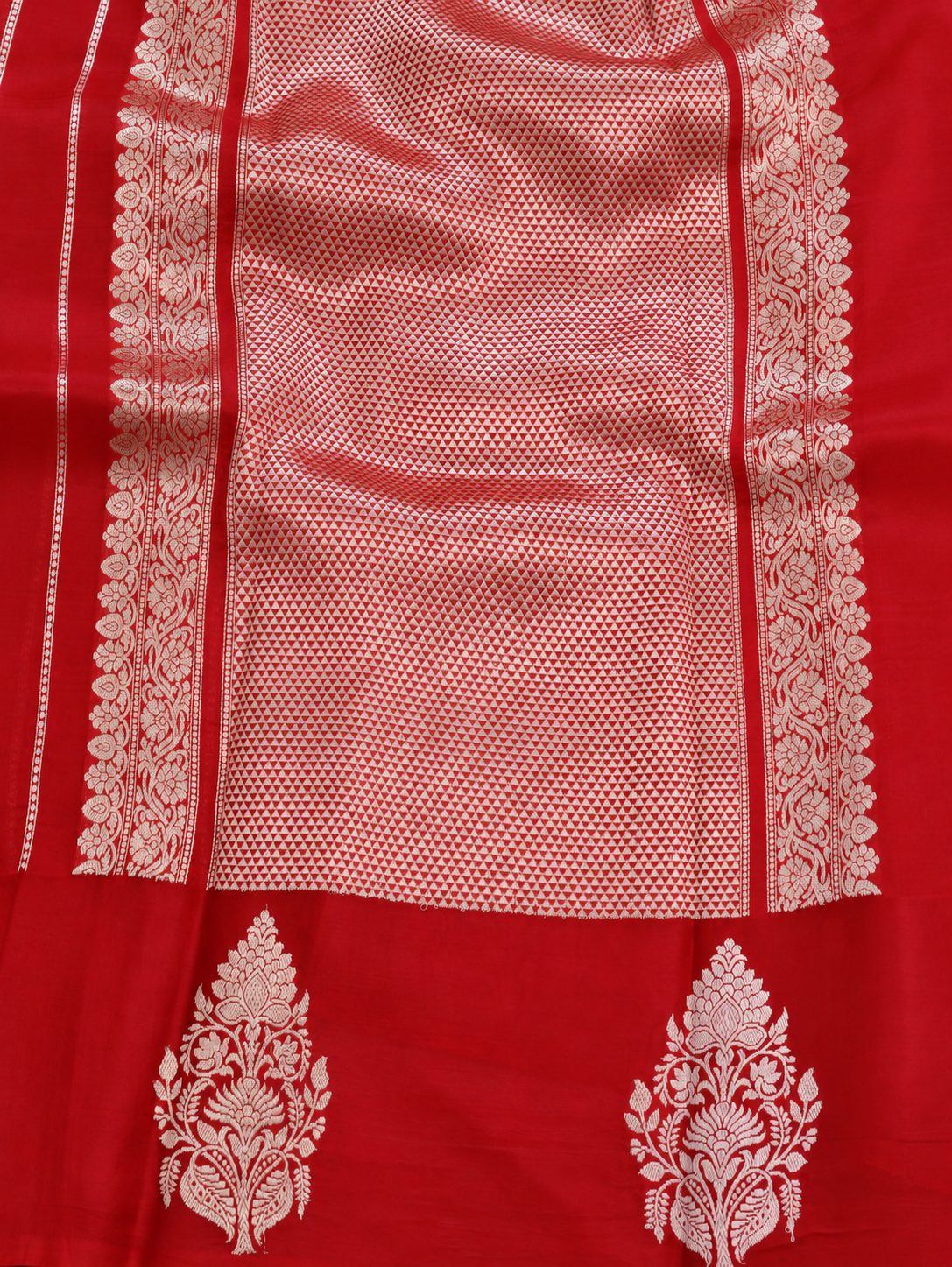 Rich vermilion red with silver-toned zari detailing Kora Silk Banarasi saree blouse piece