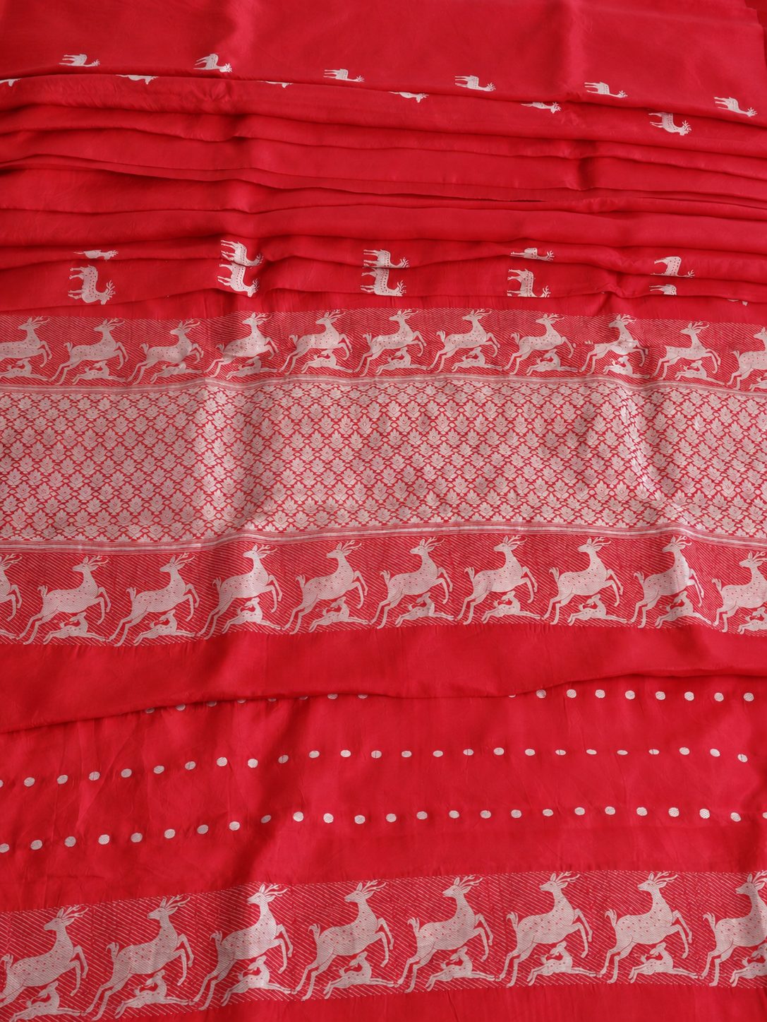 Rich cherry red with silver-toned woven detailing Soft Katan Banarasi saree blouse piece