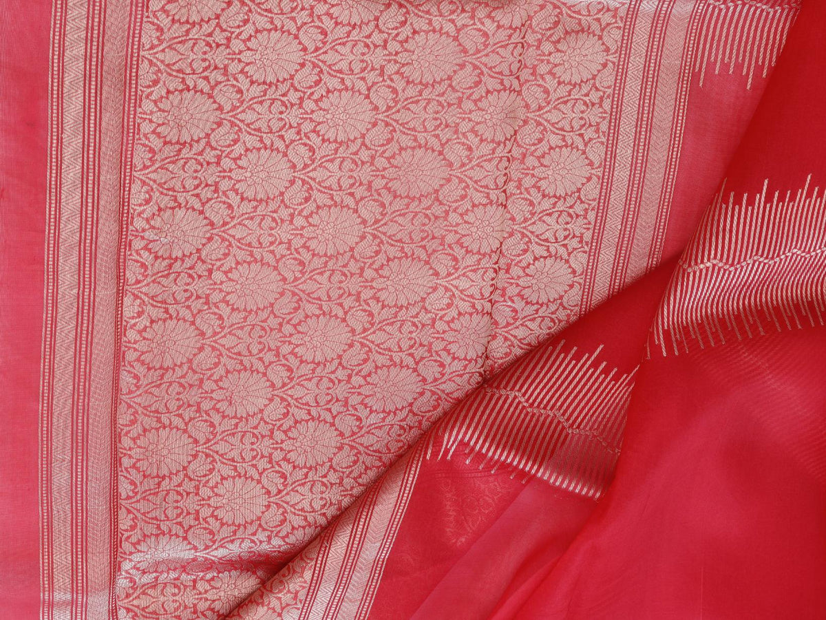 Vibrant coral red with delicate silver toned zari detailing Katan Rangkat Saree Banarasi saree pallu detail