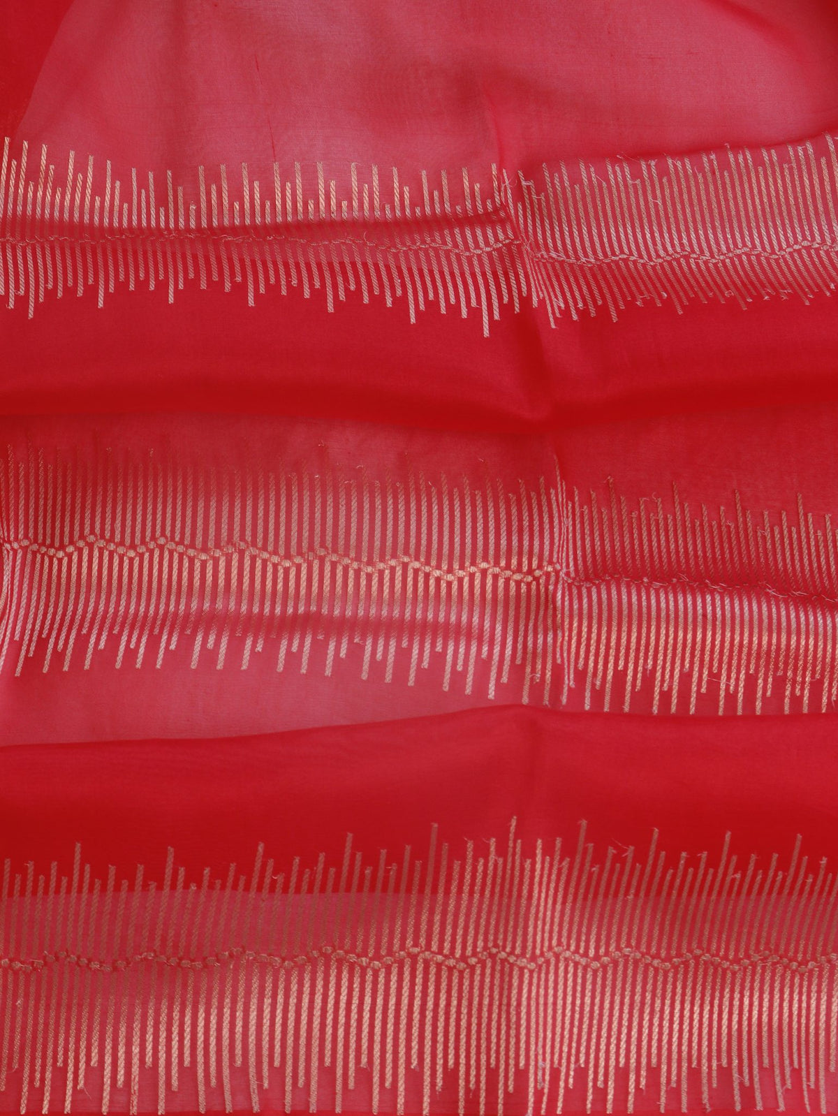 Vibrant coral red with delicate silver toned zari detailing Katan Rangkat Saree Banarasi saree border closeup