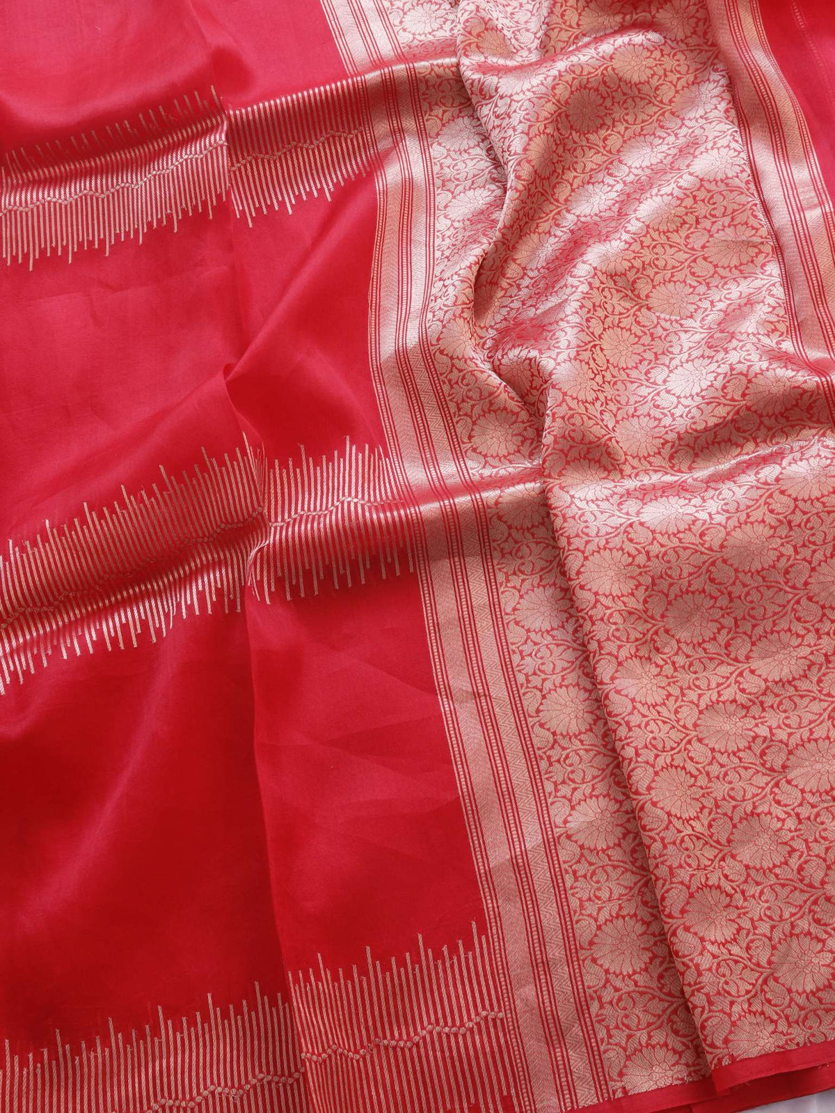 Vibrant coral red with delicate silver toned zari detailing Katan Rangkat Saree Banarasi saree front drape view