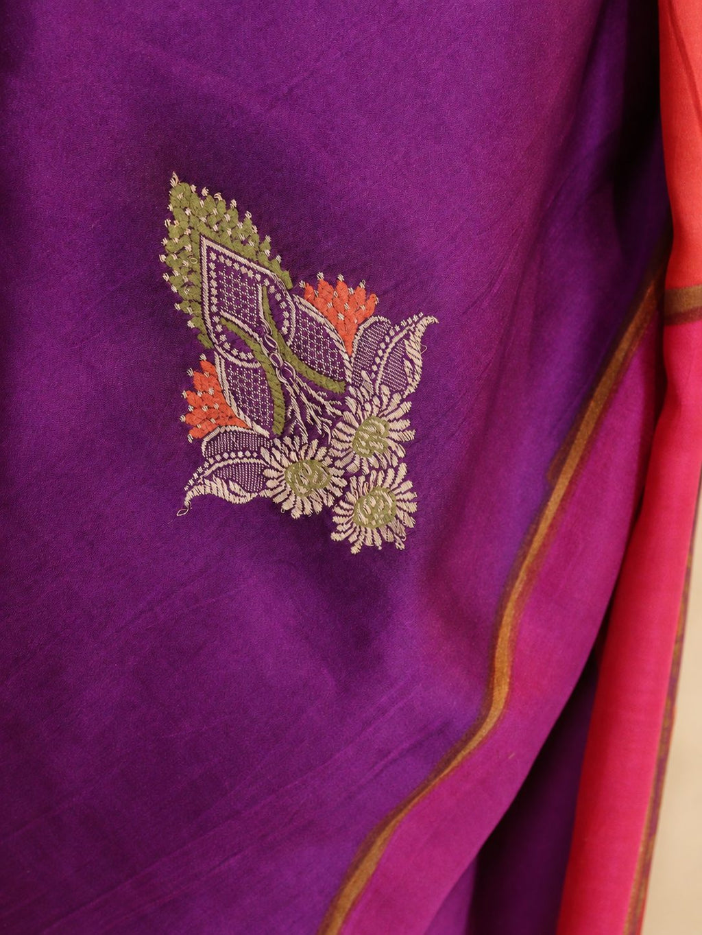 Wine magenta with contrasting red, orange and pink sections, highlighted by gold-toned zari. Katan Silk Banarasi saree blouse piece