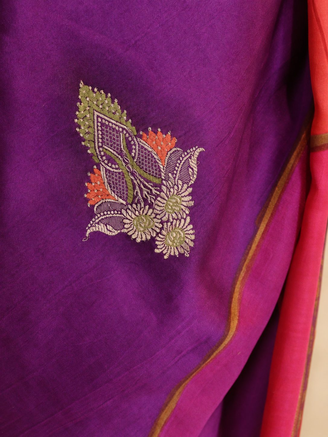 Wine magenta with contrasting red, orange and pink sections, highlighted by gold-toned zari. Katan Silk Banarasi saree blouse piece