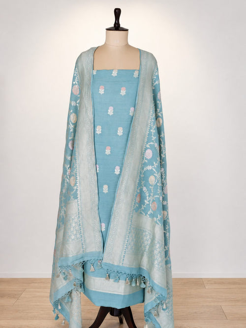 Aqua blue with silver-toned zari Moonga Silk Banarasi suit front drape view