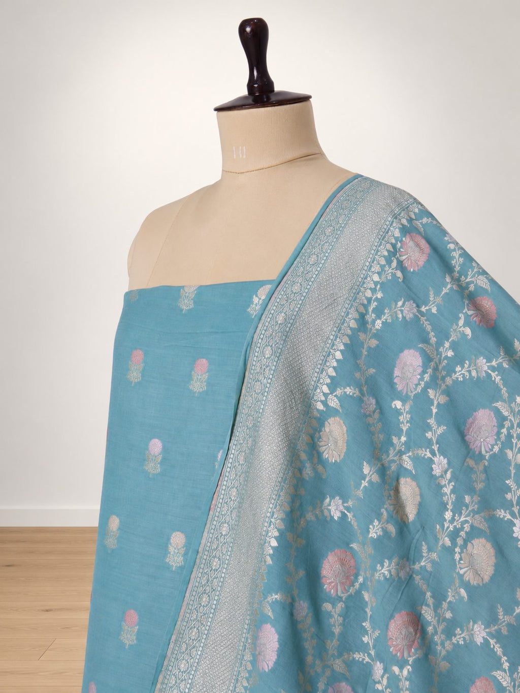 Aqua blue with silver-toned zari Moonga Silk Banarasi suit neckline detail