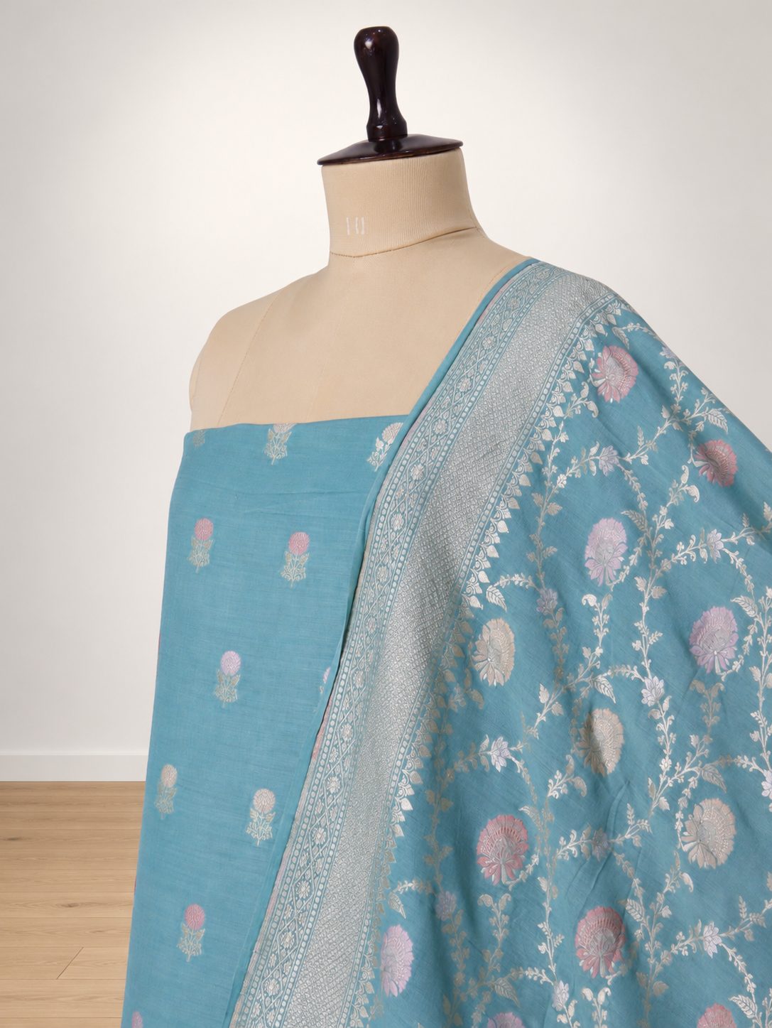 Aqua blue with silver-toned zari Moonga Silk Banarasi suit neckline detail