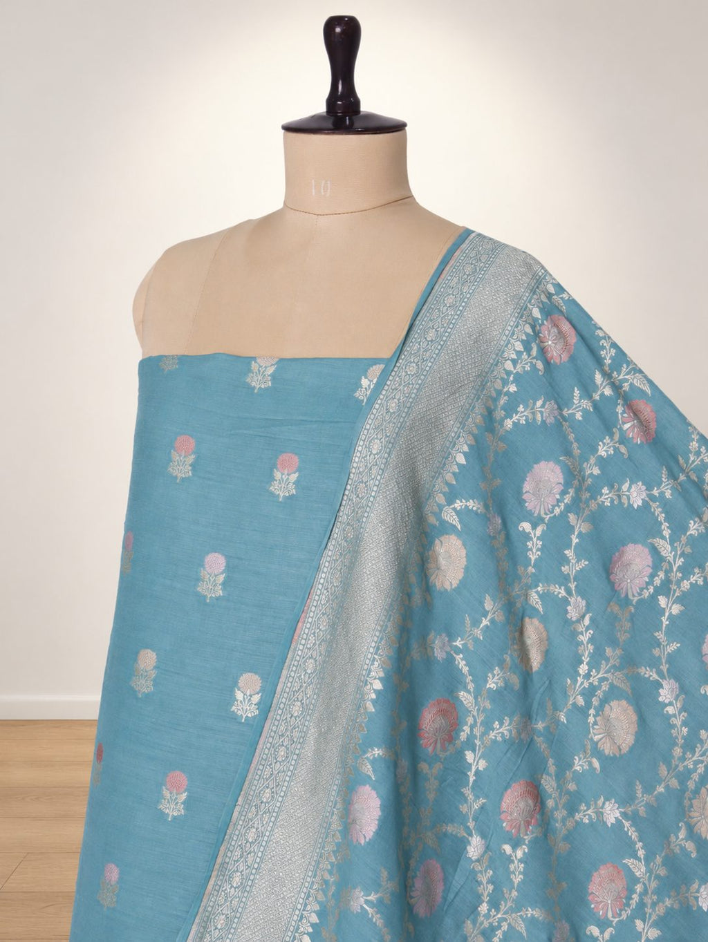 Aqua blue with silver-toned zari Moonga Silk Banarasi suit sleeve detail