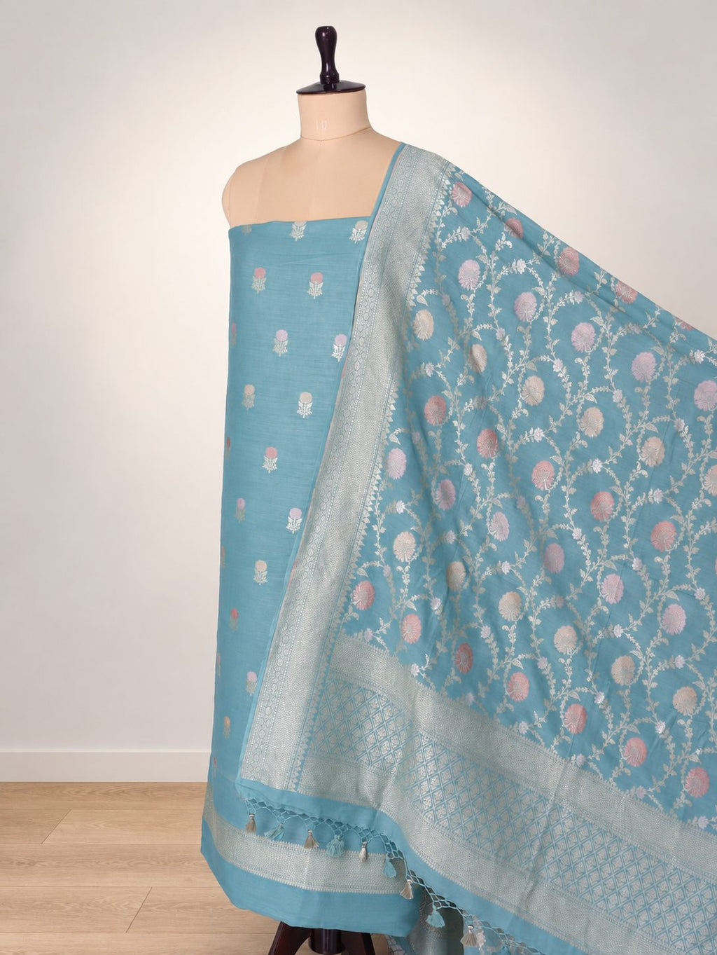 Aqua blue with silver-toned zari Moonga Silk Banarasi suit bottom detail