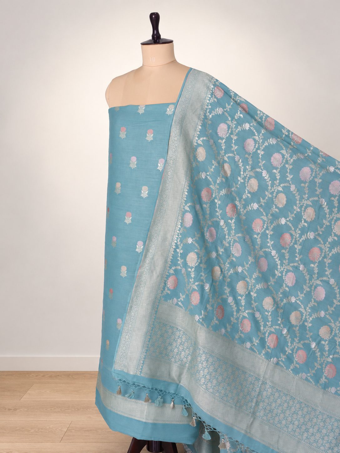 Aqua blue with silver-toned zari Moonga Silk Banarasi suit bottom detail