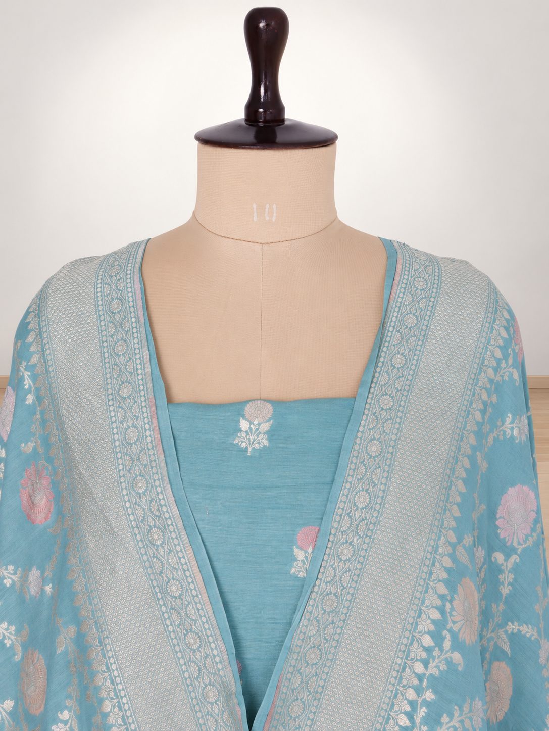 Aqua blue with silver-toned zari Moonga Silk Banarasi suit dupatta detail