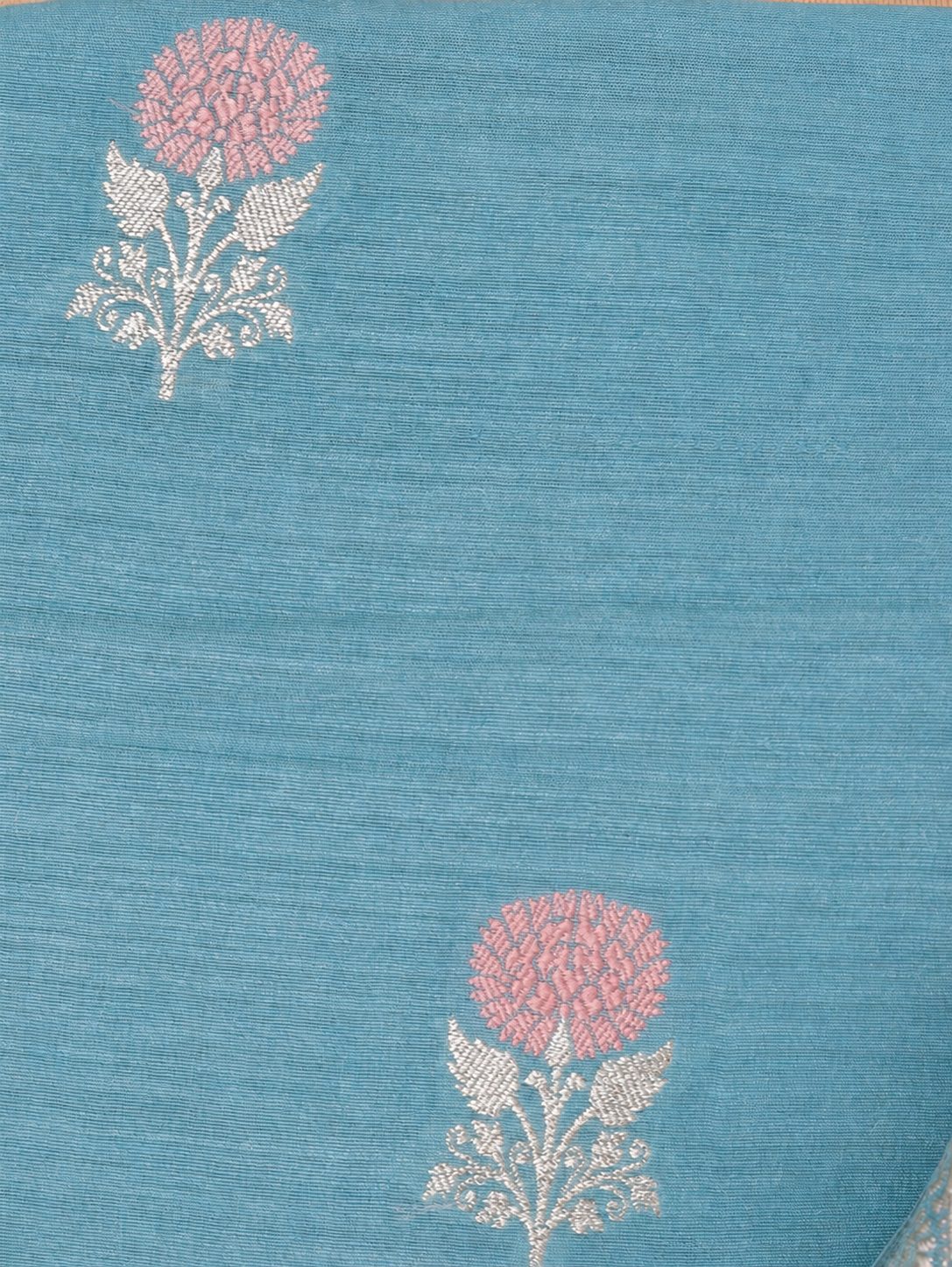 Aqua blue with silver-toned zari Moonga Silk Banarasi suit border closeup