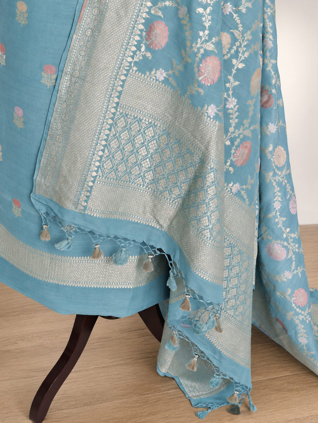 Aqua blue with silver-toned zari Moonga Silk Banarasi suit texture detail