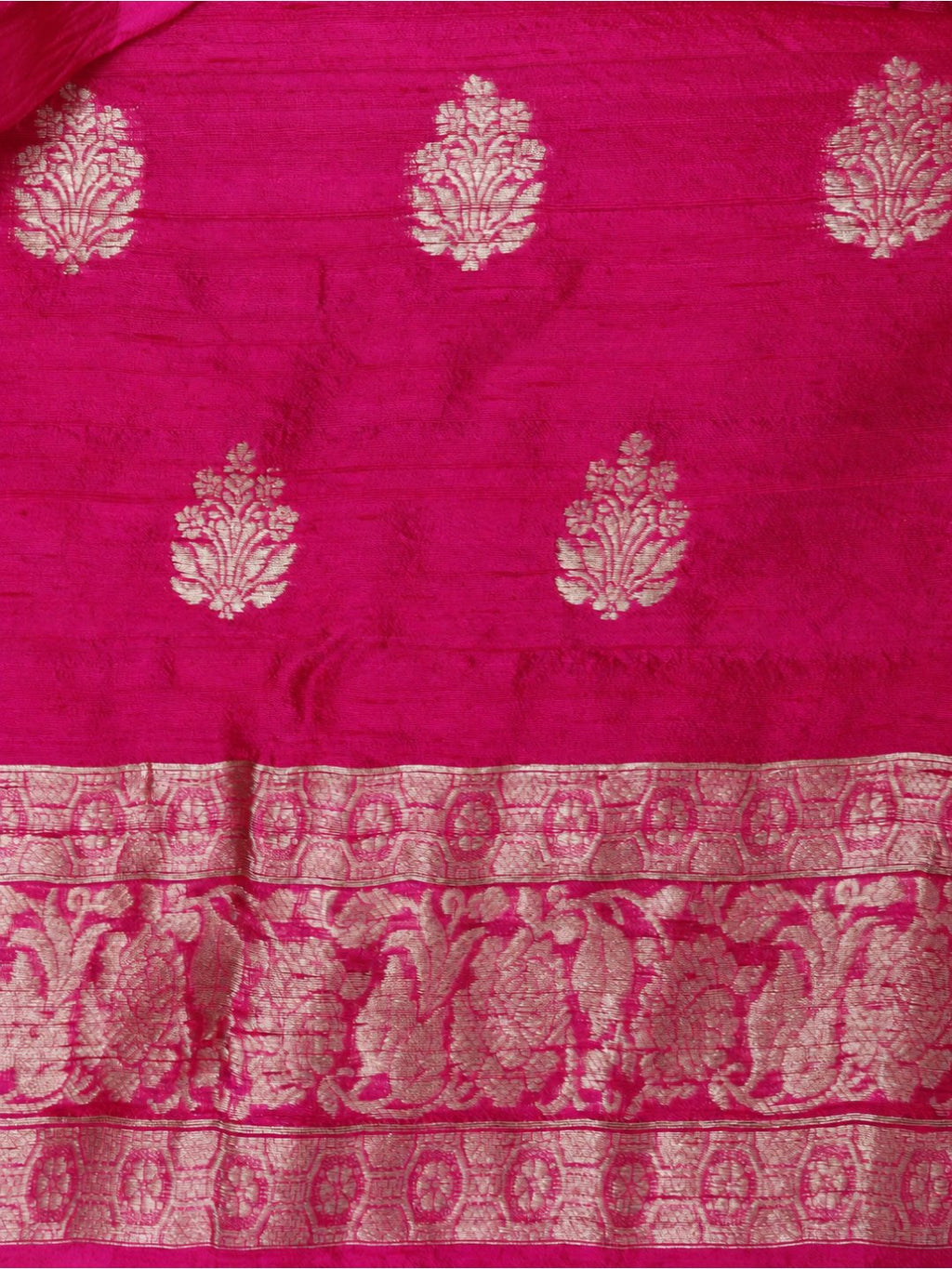 Rani pink with light gold zari. Dupion silk Banarasi suit neckline detail