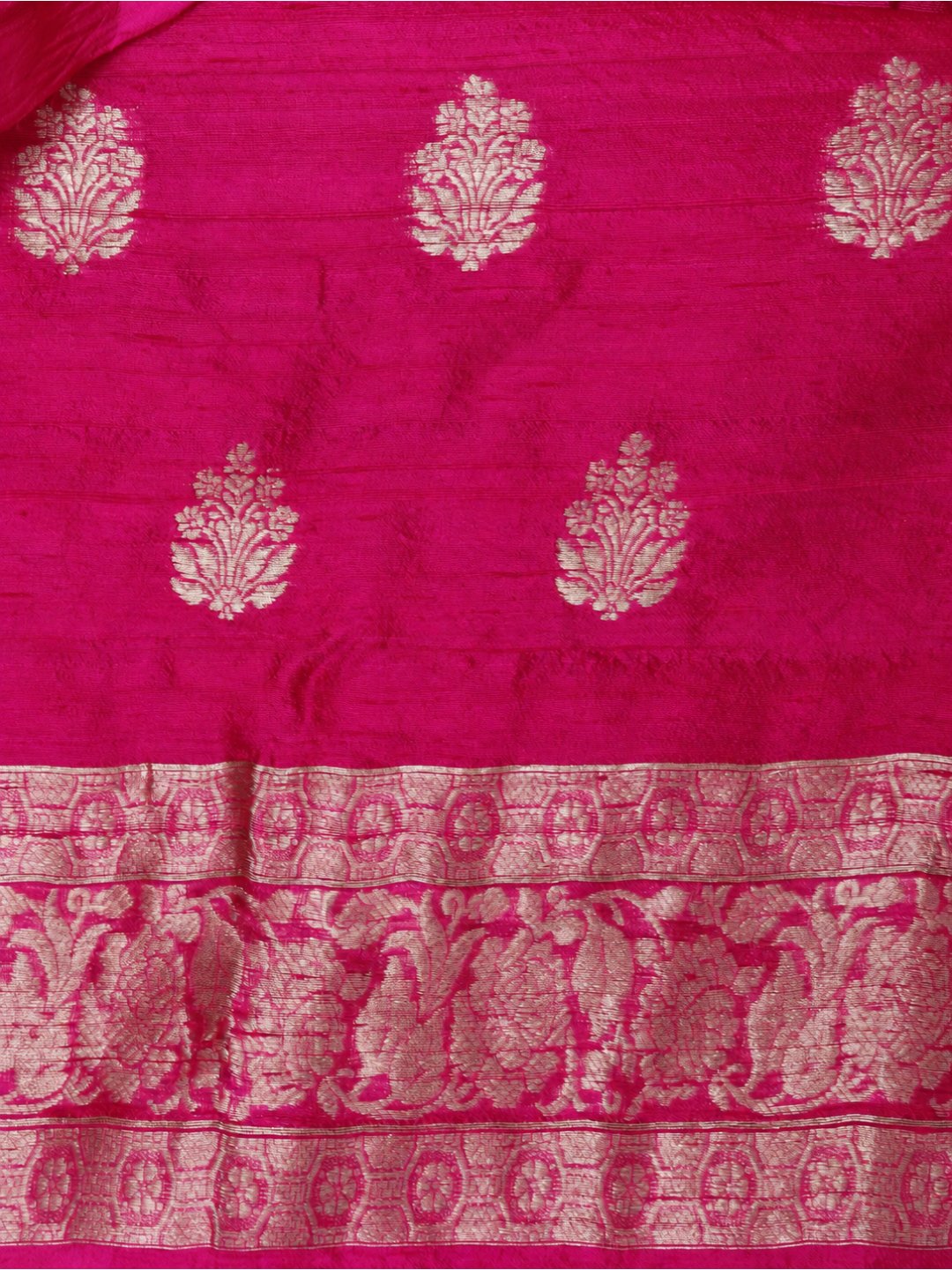 Rani pink with light gold zari. Dupion silk Banarasi suit neckline detail