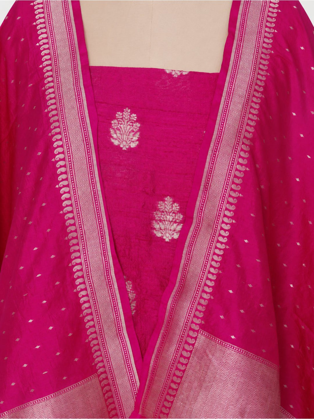 Rani pink with light gold zari. Dupion silk Banarasi suit sleeve detail