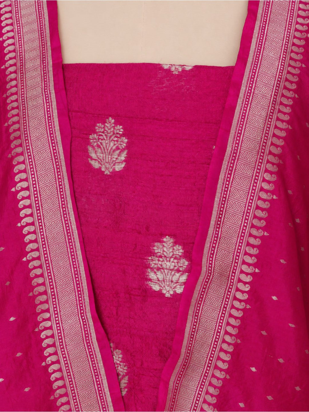Rani pink with light gold zari. Dupion silk Banarasi suit bottom detail