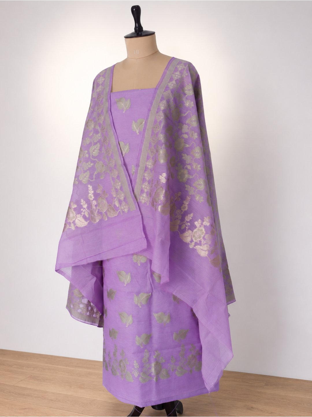 Lavender with soft gold zari. cotton Banarasi suit front drape view
