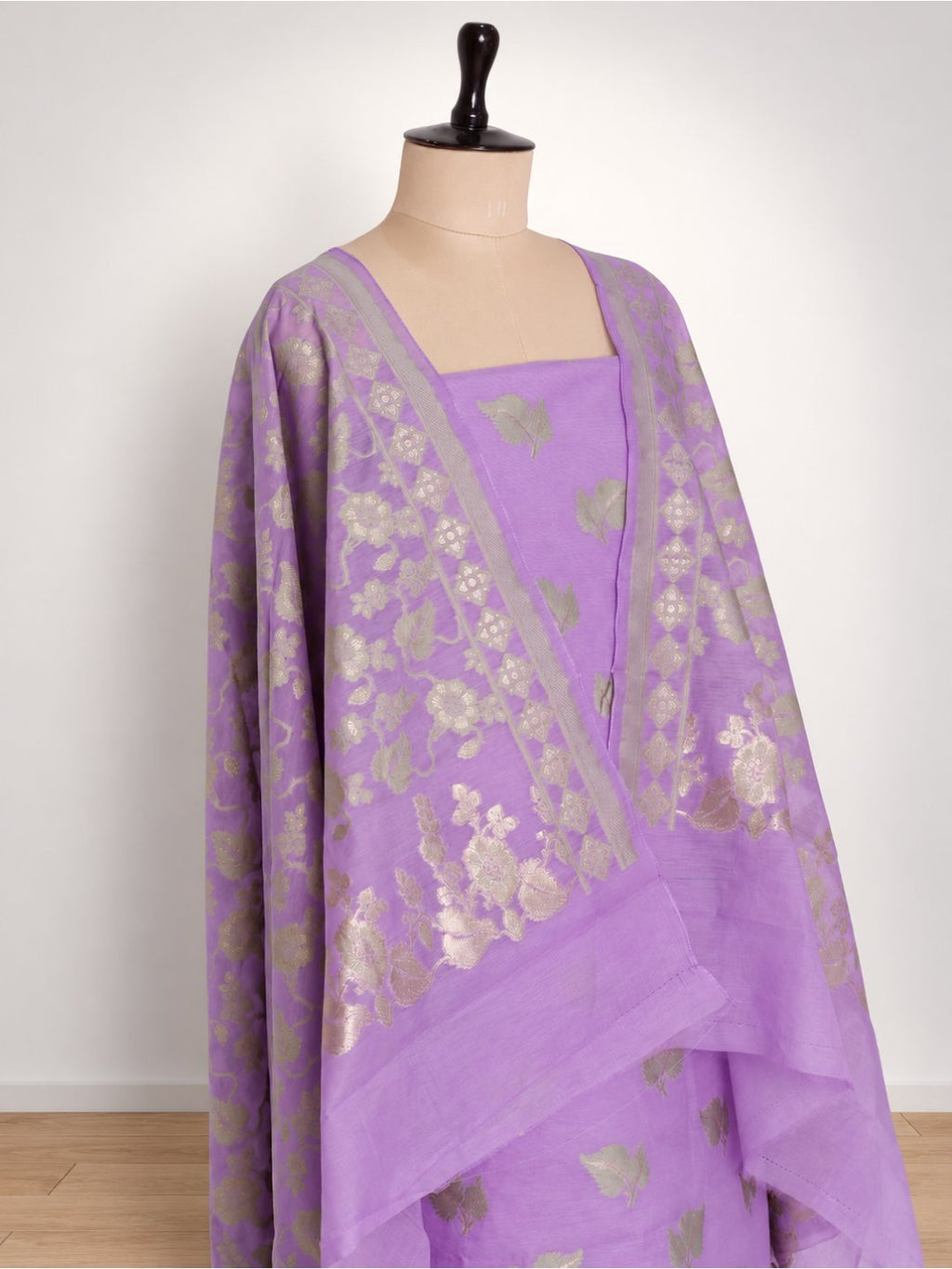 Lavender with soft gold zari. cotton Banarasi suit neckline detail