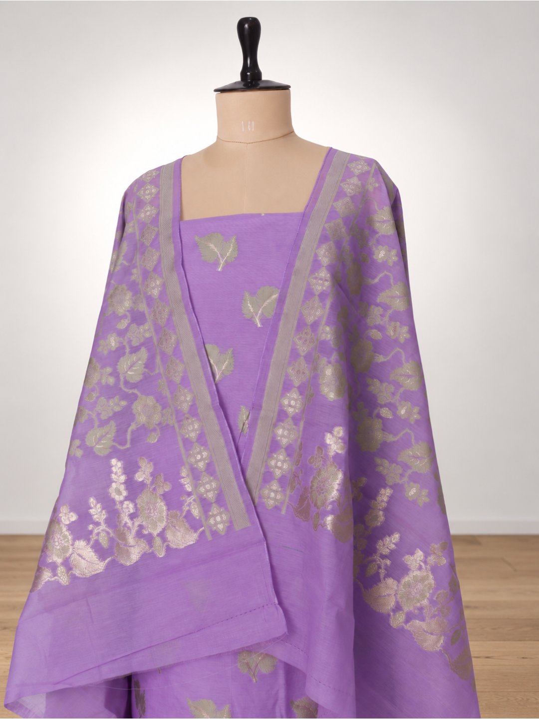 Lavender with soft gold zari. cotton Banarasi suit sleeve detail