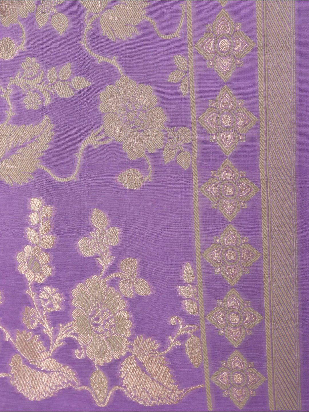 Lavender with soft gold zari. cotton Banarasi suit texture detail