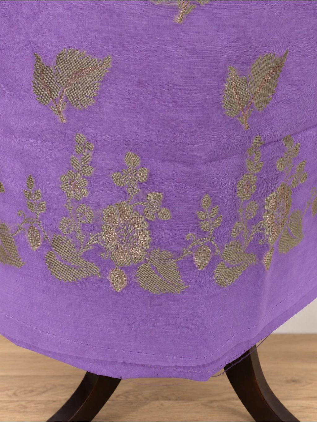Lavender with soft gold zari. cotton Banarasi suit front drape view