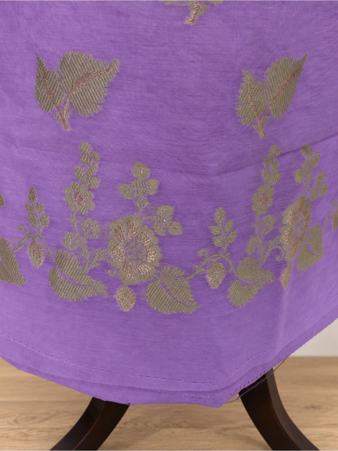 Lavender with soft gold zari. cotton Banarasi suit front drape view