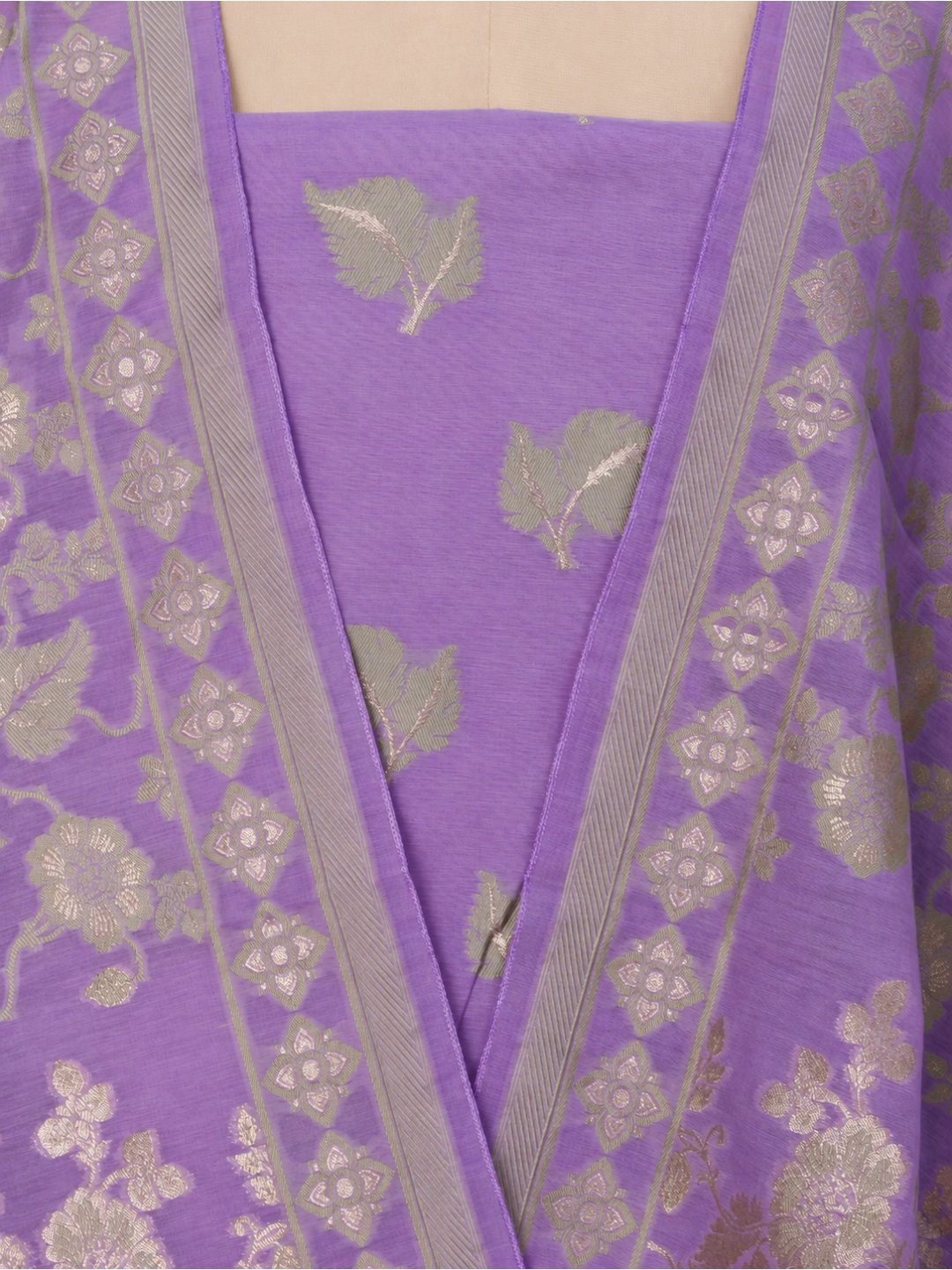 Lavender with soft gold zari. cotton Banarasi suit neckline detail
