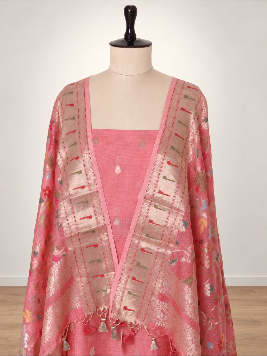 Peach pink with light gold zari Kota Silk Suit Banarasi suit front drape view