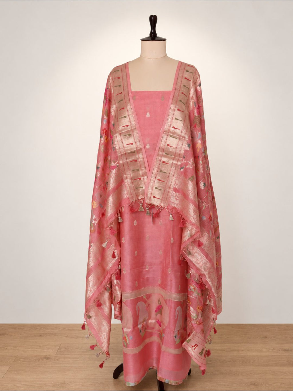 Peach pink with light gold zari Kota Silk Suit Banarasi suit border closeup
