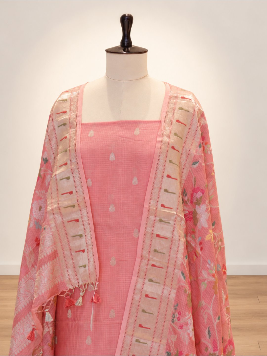 Peach pink with light gold zari Kota Silk Suit Banarasi suit texture detail
