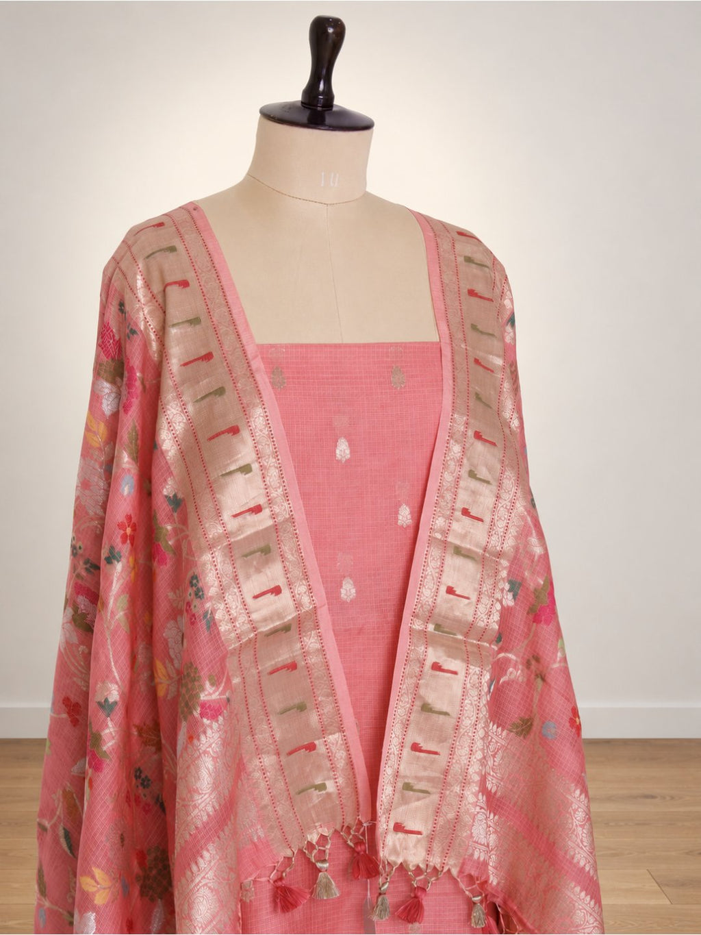 Peach pink with light gold zari Kota Silk Suit Banarasi suit folded view