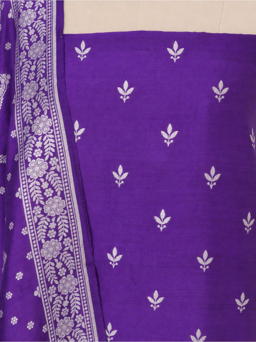 Violet-purple with silver-toned zari detailing. Moonga Silk Banarasi suit front drape view