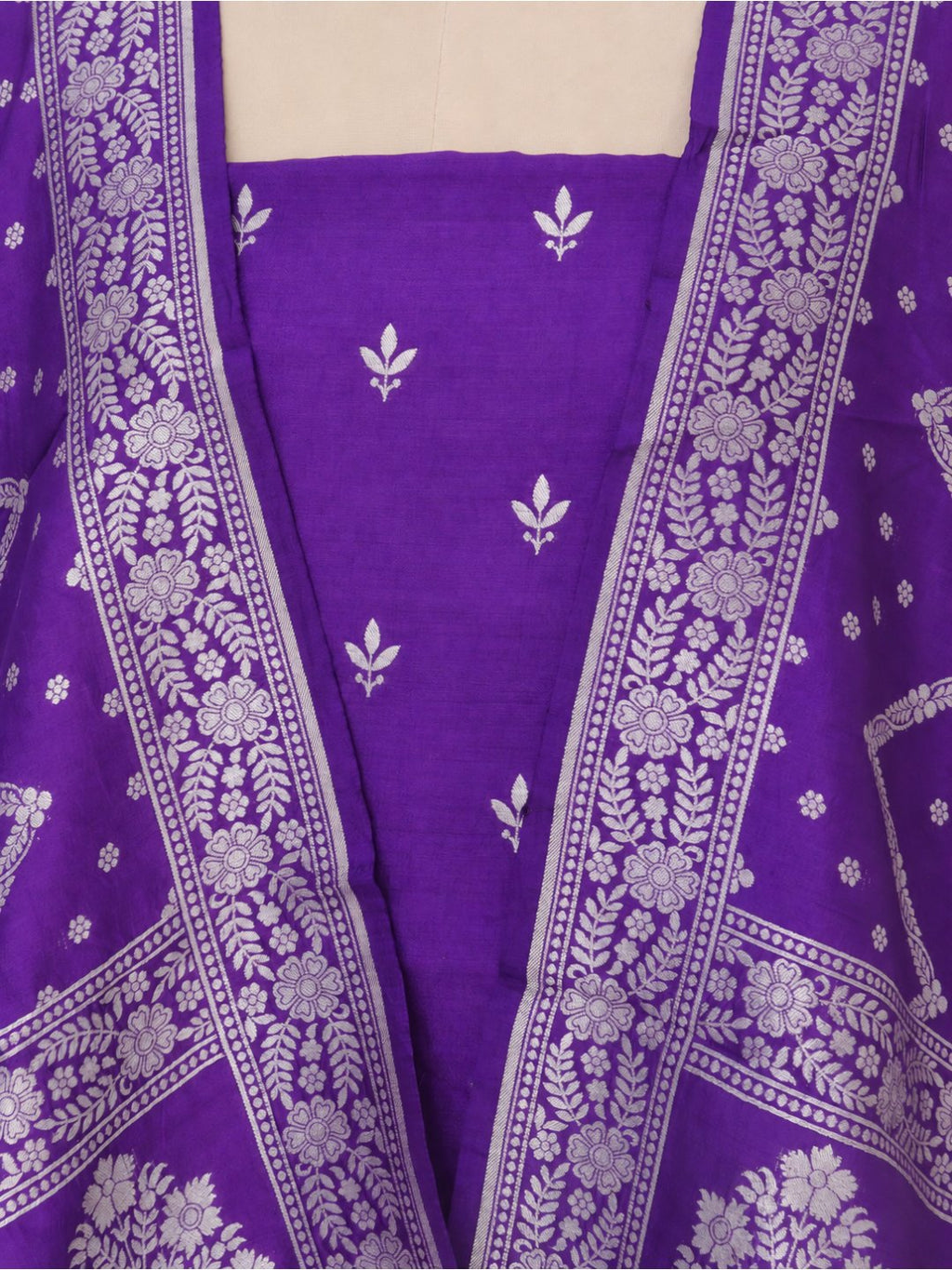 Violet-purple with silver-toned zari detailing. Moonga Silk Banarasi suit front drape view